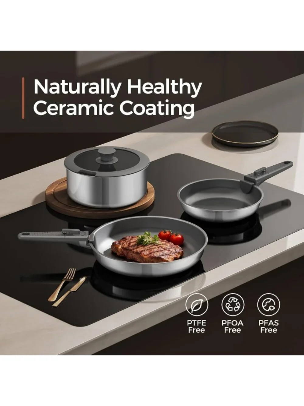 5PCS Non-Stick Cookware Set, Diamond-Titanium Ceramic & Stainless Steel